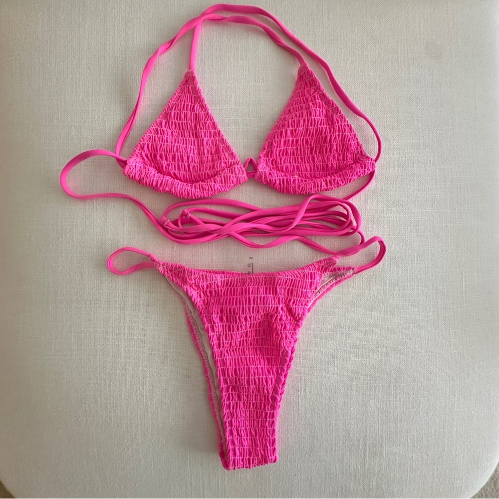 Free People Hot Pink Smocked Triangle Bikini Set